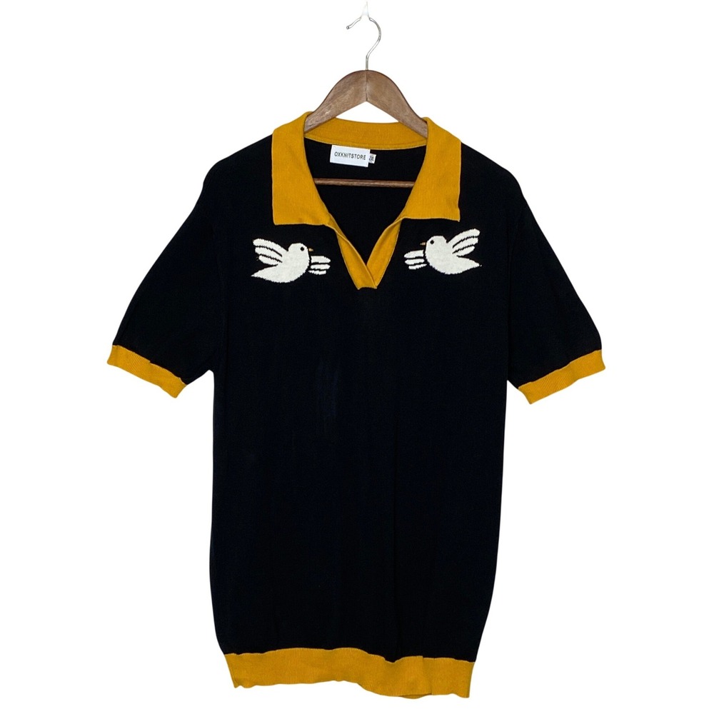 OXknit Womens Dove Bird Knit Polo Sweater 2XL Black Gold Retro Indie Mod 70s